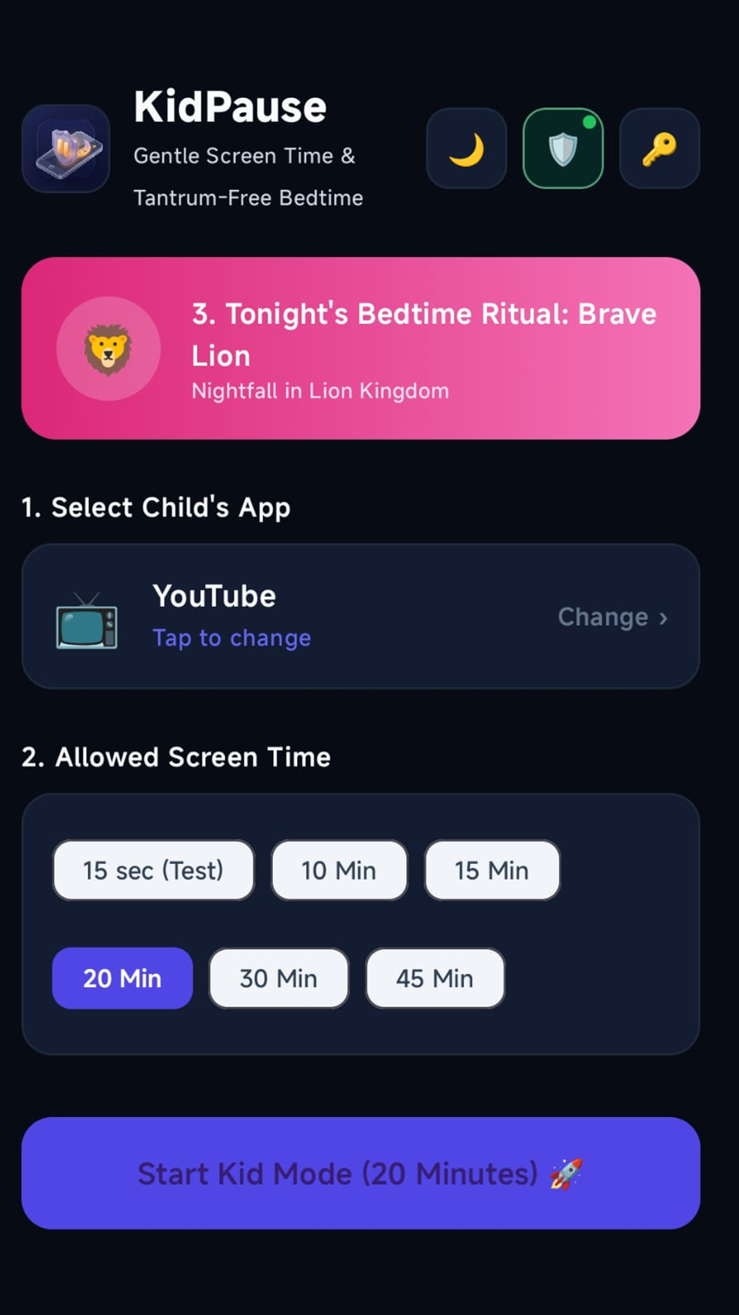 KidPause Home Screen & Timer